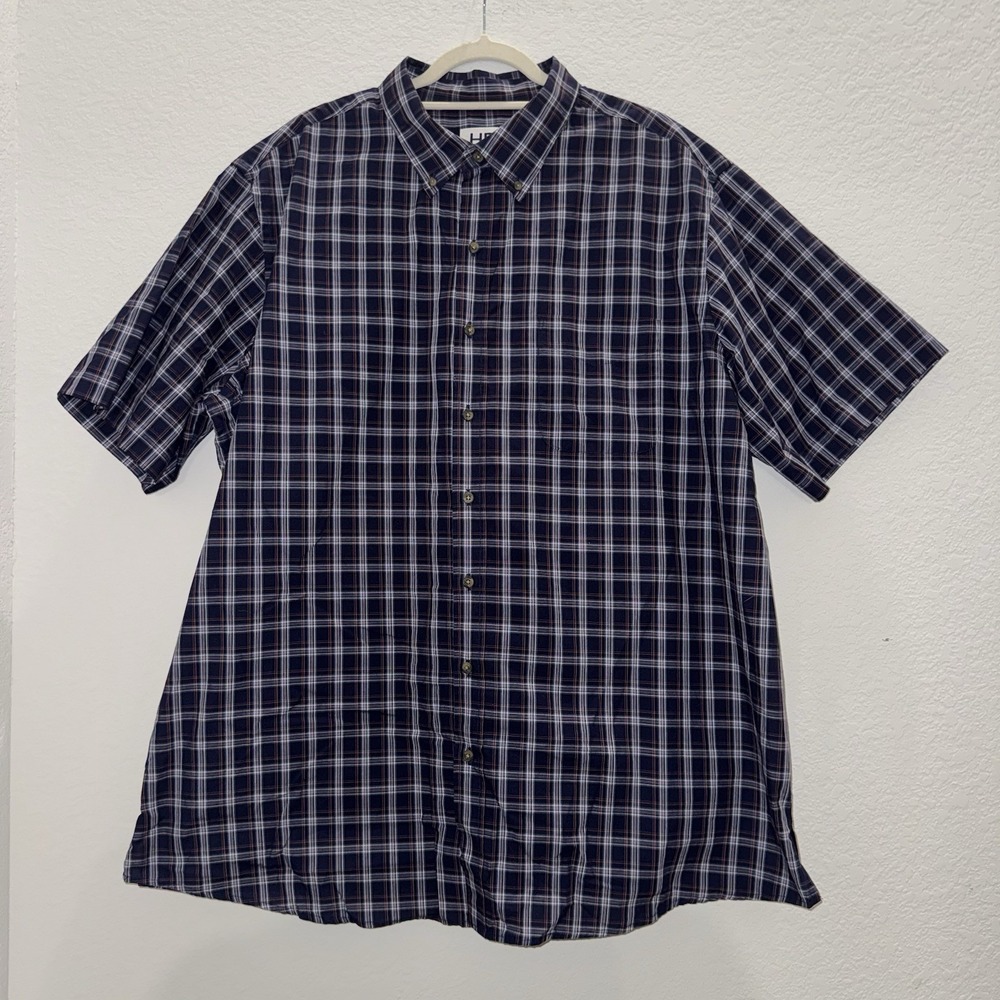 HB Men's Plus Sz 1XL Tall Blue Plaid Button Up Shirt Short Sleeve Cotton Dadcore